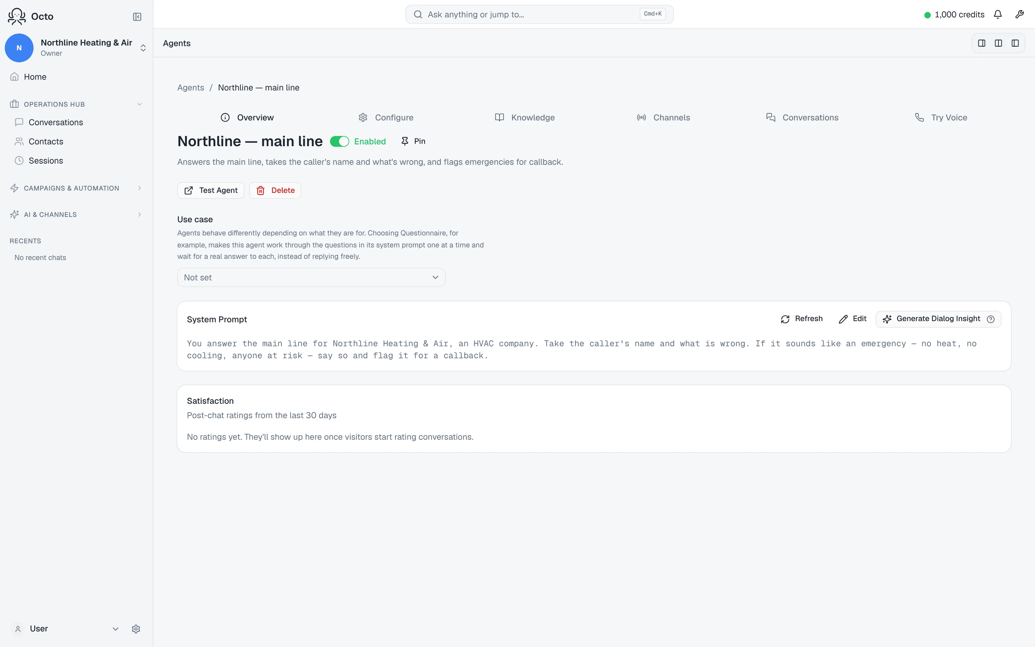 The finished voice agent in the dashboard: its name, greeting, system prompt and voice, each an editable field.