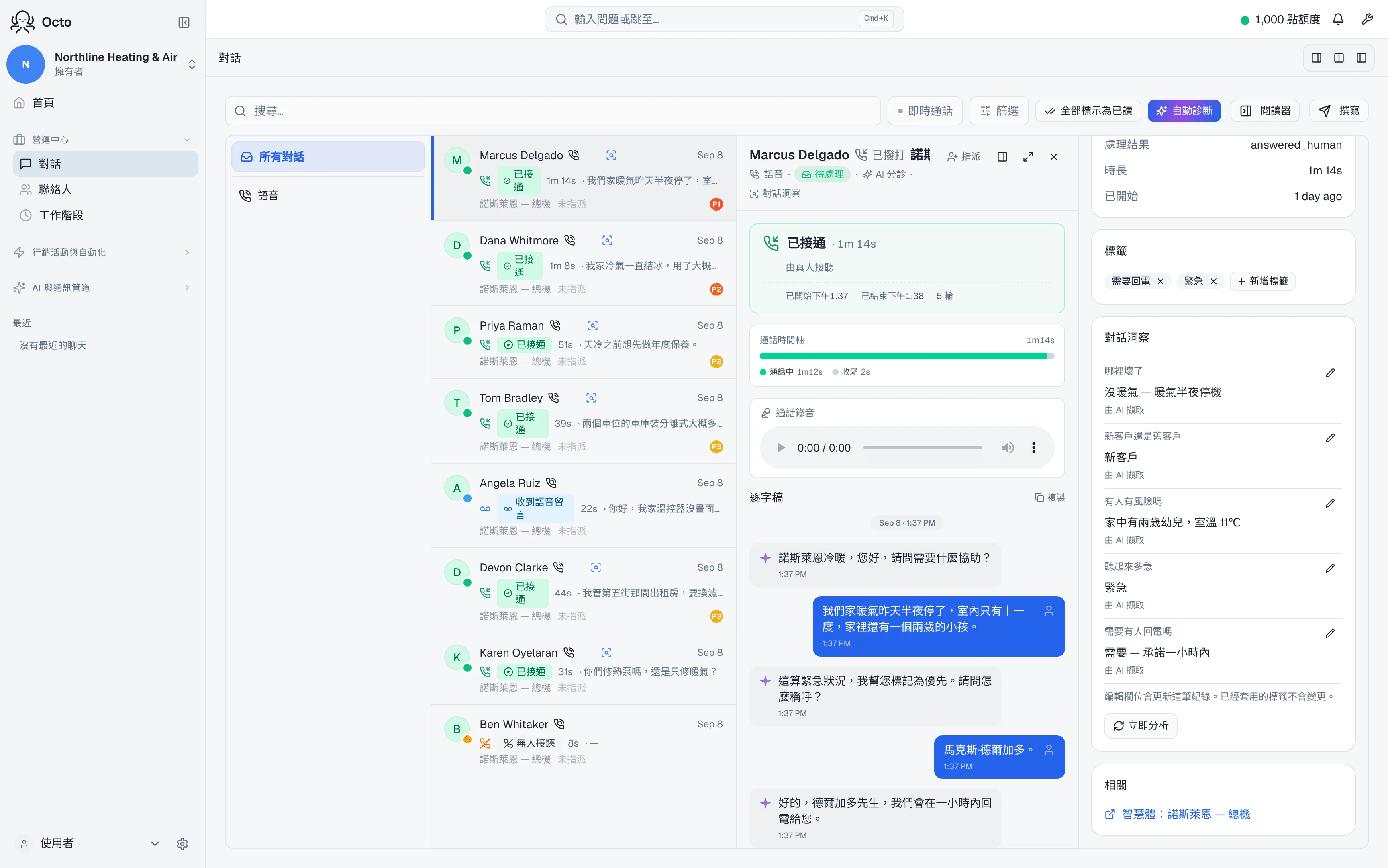 通話旁邊的對話洞察面板，列出從這段對話裡抽取出來的欄位。