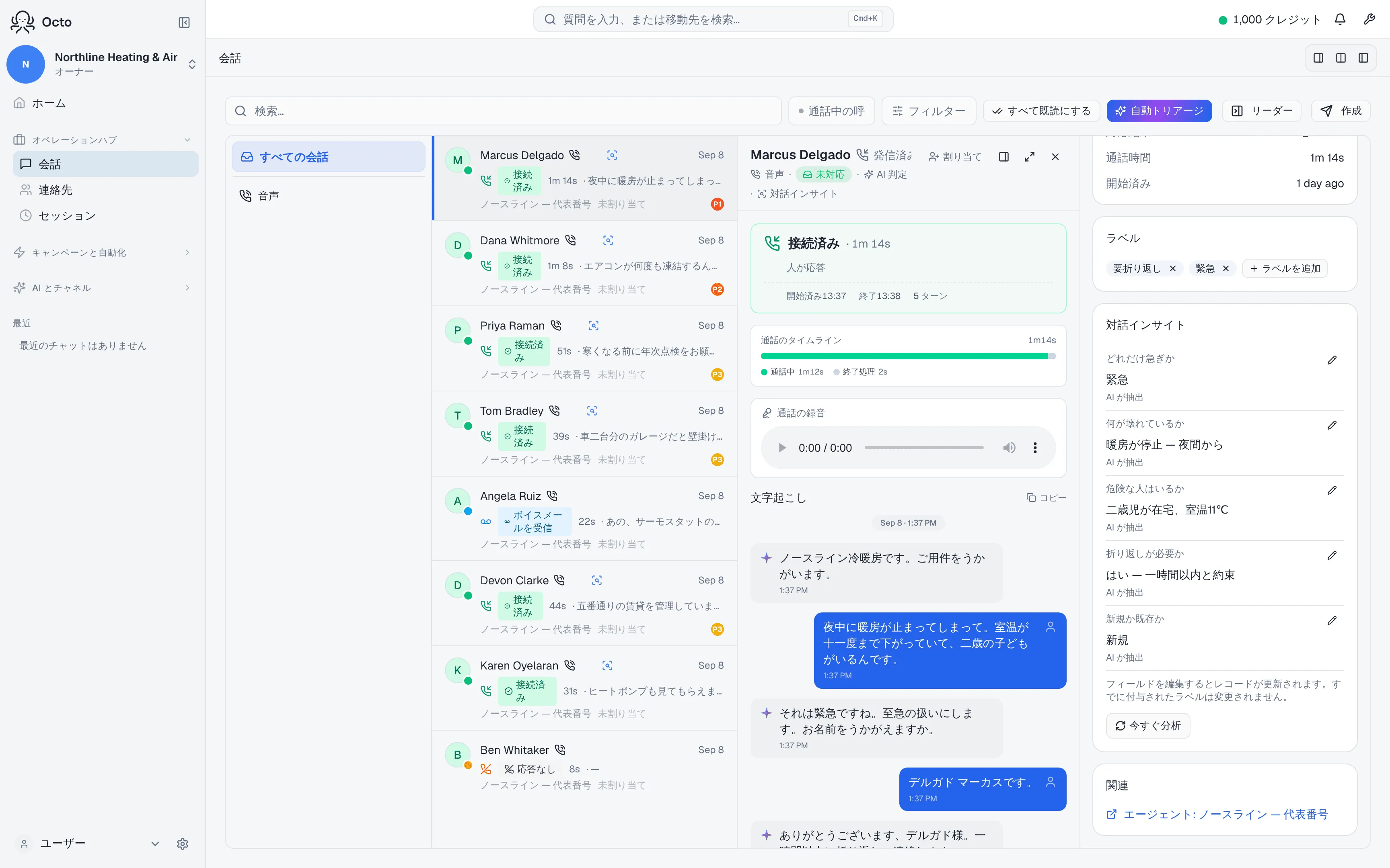 通話の横に並ぶ対話インサイトのパネル。会話から抜き出された項目が一覧になっている。