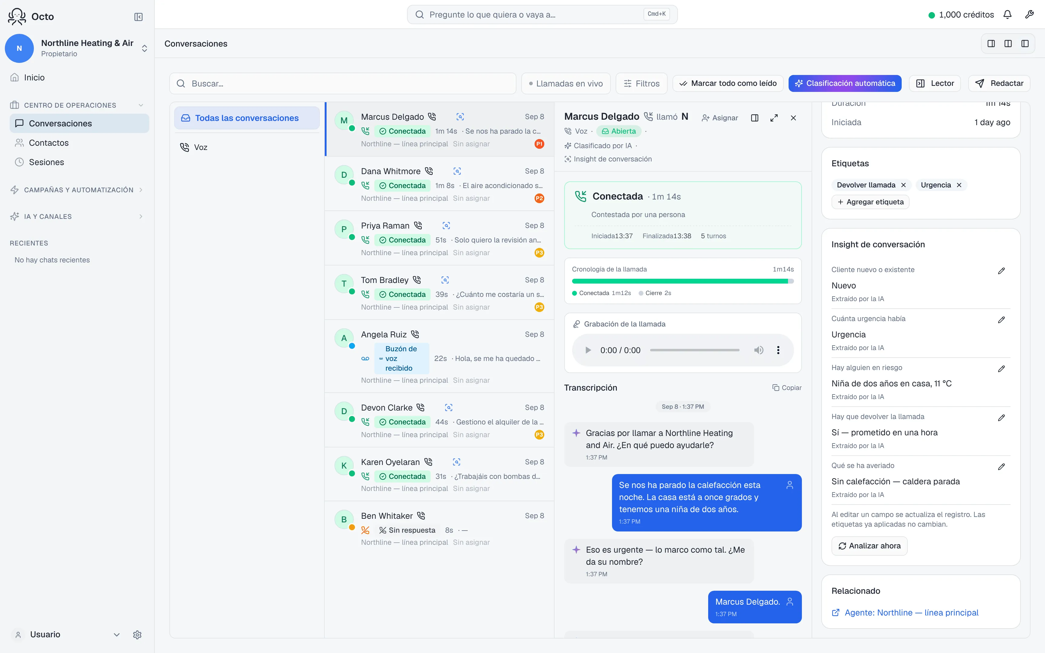 El panel de Dialog Insight junto a una llamada, con los campos extraídos de la conversación.