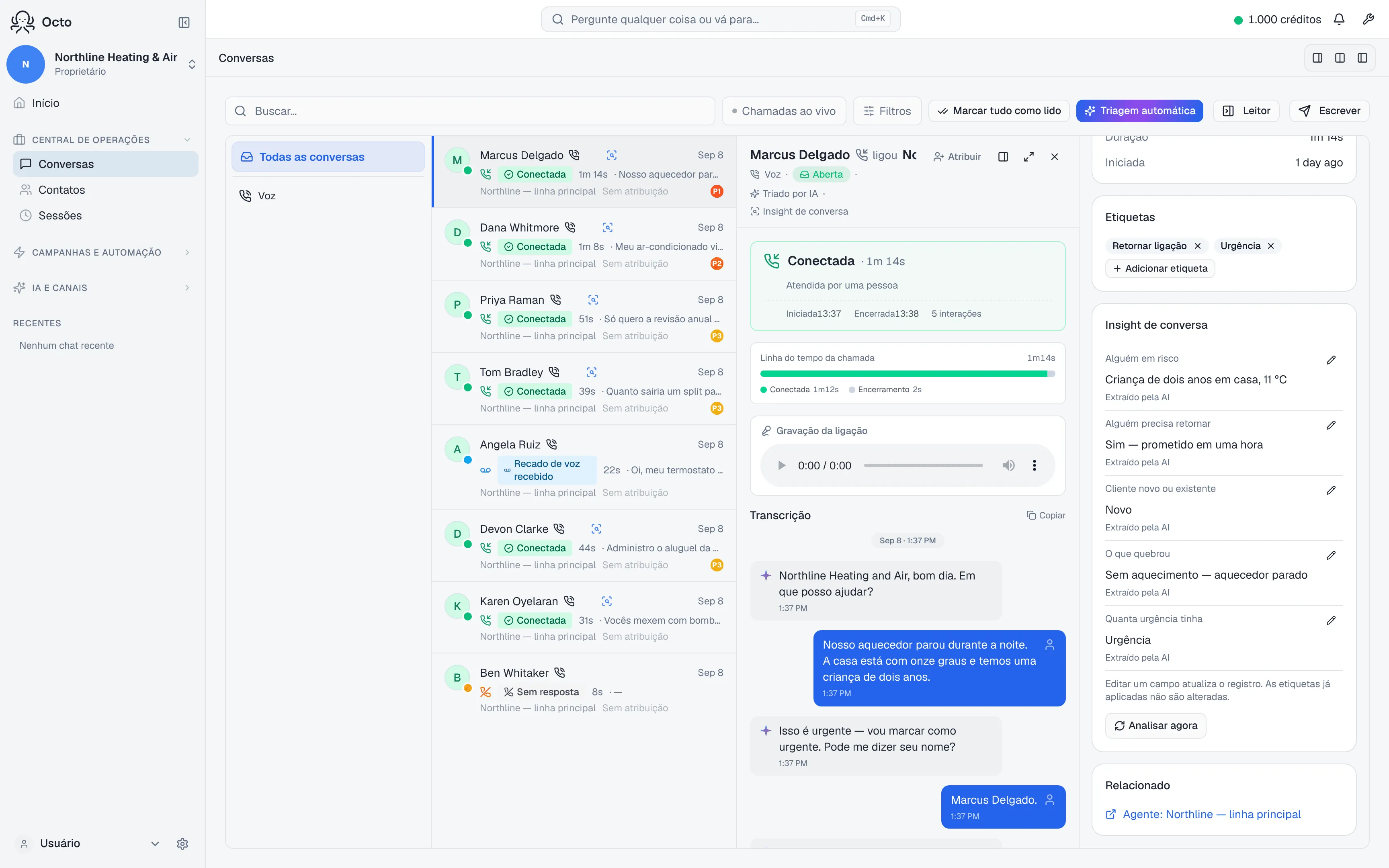 O painel do Dialog Insight ao lado de uma ligação, listando os campos extraídos da conversa.