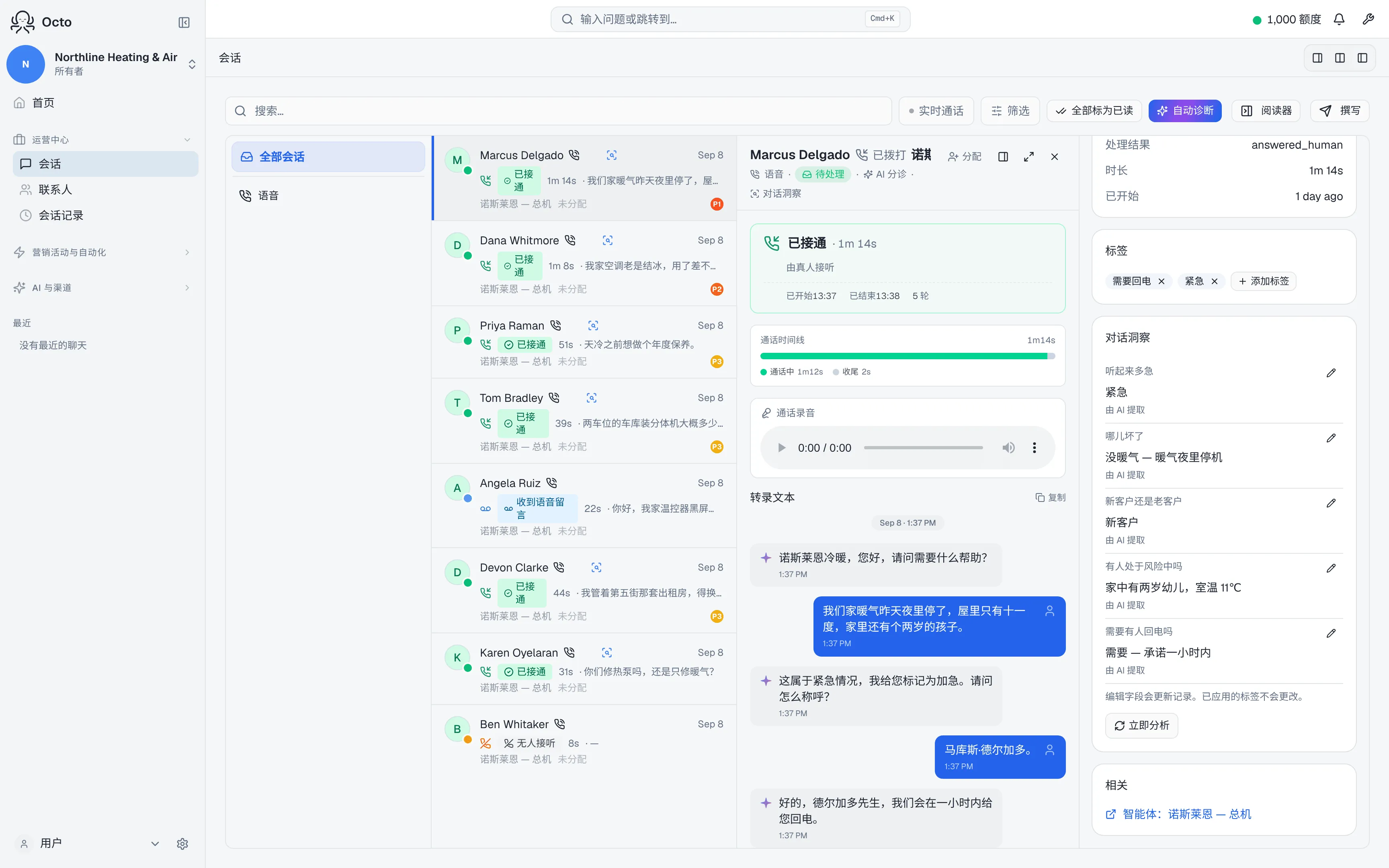 通话旁边的对话洞察面板，列出从这段对话里抽取出来的字段。